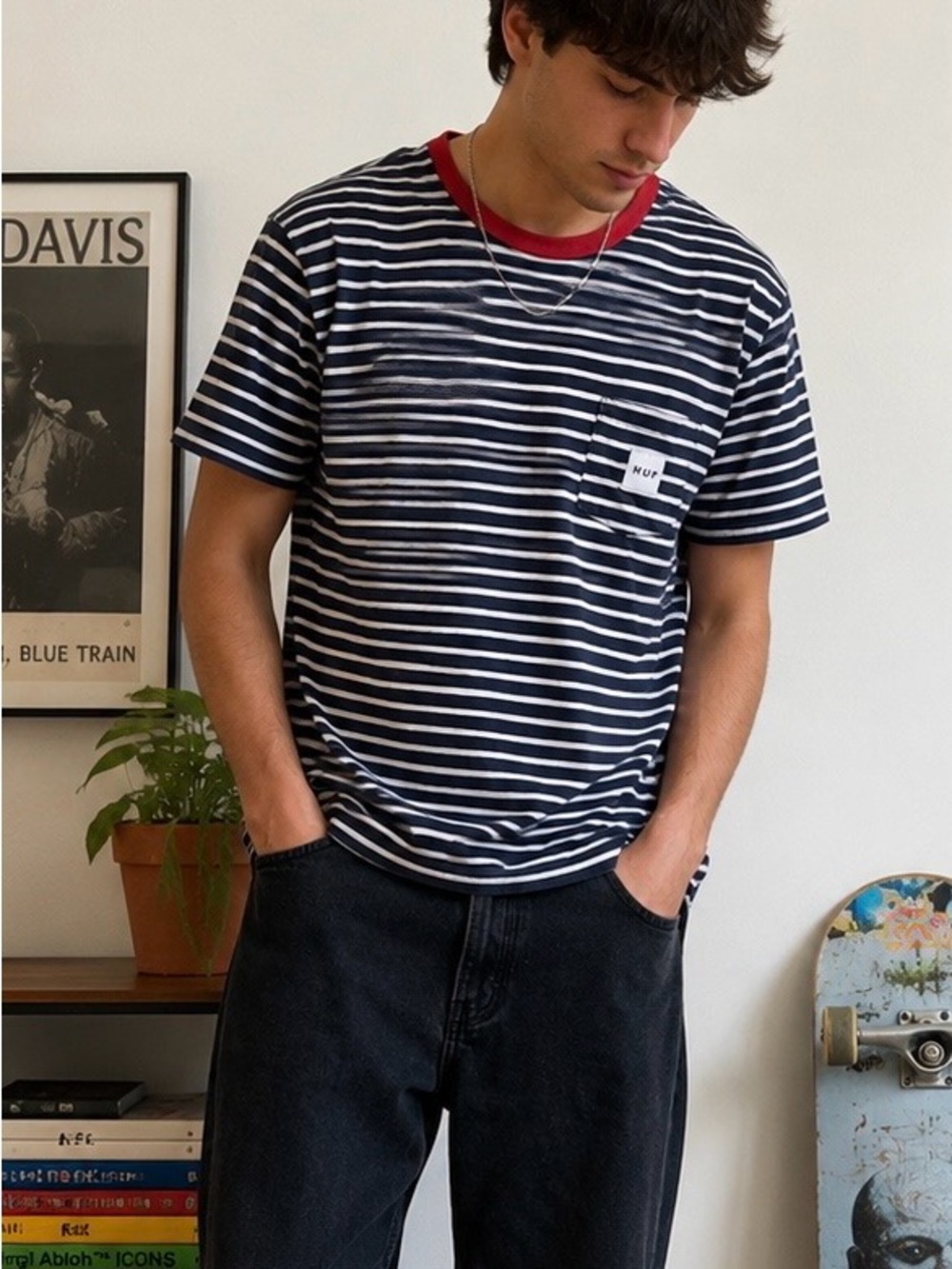 HUF Striped Pocket Tee Mens M Navy Red White Skate Streetwear